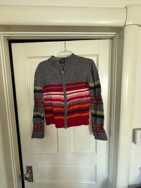 Express Jeans Women's Striped Lambswool Zip-Up Knit Sweater